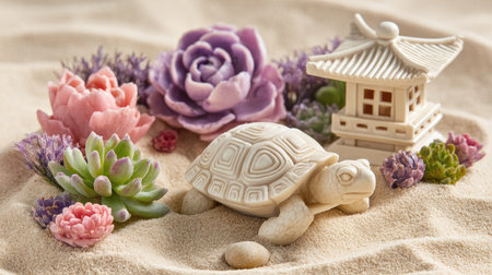 Ceramic turtle statue and small lantern surrounded by flowers in zen garden setupの素材