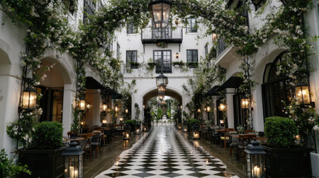 Courtyard design with mosaic tiles, metal lanterns, and flowering vines on trellisの素材