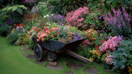Decorative wheelbarrow filled with plants and flowers placed on a garden lawnの素材