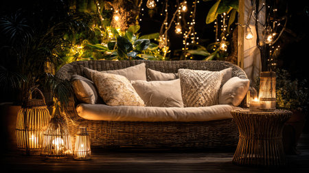 Cozy outdoor sofa setup illuminated by rattan lanterns and soft string lightingの素材