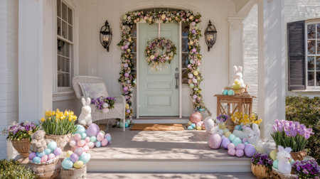 Easter-themed front porch with pastel eggs, floral wreath, and bunny decorationsの素材