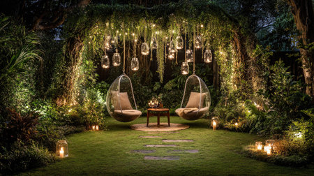 Hanging jars with fairy lights illuminating a cozy garden nookの素材