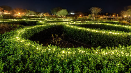 Ground-level lights creating dramatic effect on sculpted hedges in formal gardenの素材