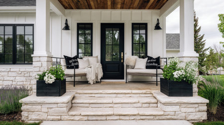 Minimalist porch with black planter boxes, neutral cushions, and stone stepsの素材