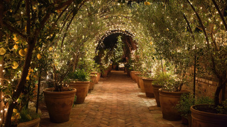 Trellis archway with string lights and ornamental pots leading into garden areaの素材