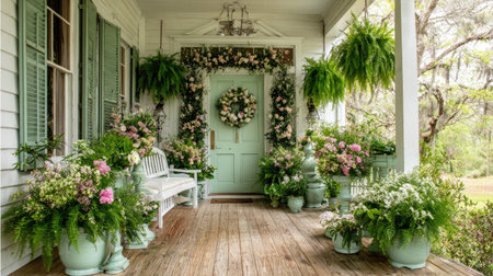 Spring-inspired porch with pastel planters, hanging ferns, and floral door wreathの素材