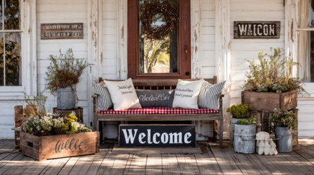 Welcoming porch with vintage crate planters, decorative signs, and striped pillowsの素材