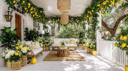 Summer porch with lemon-themed decorations, fresh greenery, and white wood accentsの素材