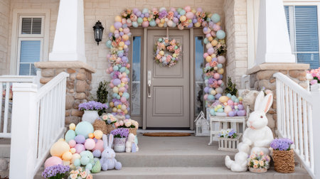 Easter-themed front porch with pastel eggs, floral wreath, and bunny decorationsの素材