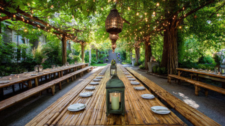 Outdoor dining area with bamboo table, lanterns, and hanging string lights under treesの素材