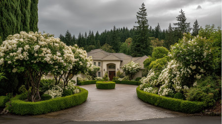 Driveway flanked by detailed landscaping with blooming borders and evergreen structureの素材