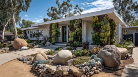Front yard featuring vertical garden panels, drought-resistant plants, and modern stone edgingの素材