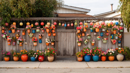 Front yard fence with flower garlands, hanging lights, and colorful clay pot decorationsの素材