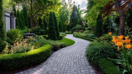 Natural stone pathway winding through a lush green garden, surrounded by flowering shrubs and trimmed hedges, showcasing serene landscapingの素材