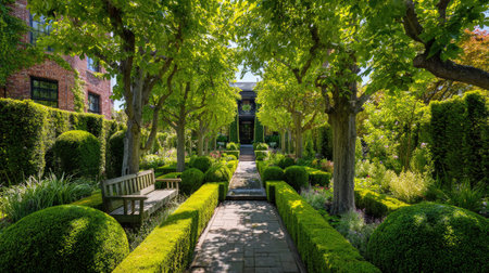 Symmetrical garden path in a formal front yard with clipped hedges and central plantingの素材