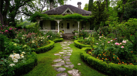 Well-maintained front yard garden with symmetrical flower beds, trimmed hedges, and a stone pathway leading to a classic porchの素材