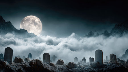 Creepy graveyard scene with old tombstones, rising fog, and distant full moon for a chilling backdropの素材