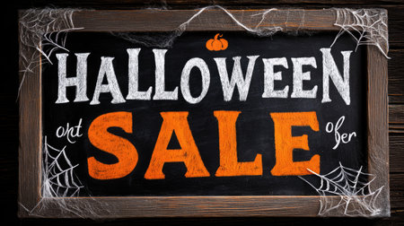 Blackboard with Halloween Sale message, cobweb corners, and orange pumpkin accentsの素材