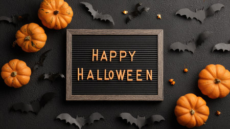 Black letter board with Happy Halloween message surrounded by mini pumpkins and bat cutoutsの素材