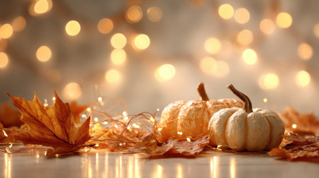 Background of fallen autumn leaves, tiny pumpkins, and flickering fairy lights for Halloween atmosphereの素材