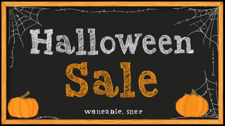 Blackboard with Halloween Sale message, cobweb corners, and orange pumpkin accentsの素材