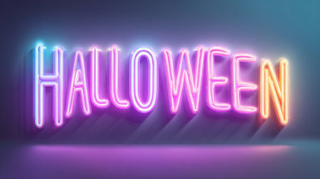 Bold Halloween ad concept with neon lettering, dramatic shadows, and space for price tag or call to actionの素材