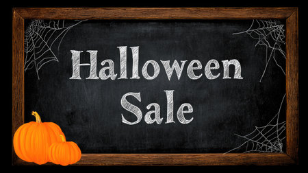 Blackboard with Halloween Sale message, cobweb corners, and orange pumpkin accentsの素材