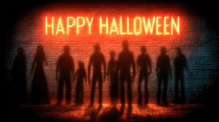 Brick wall with glowing Happy Halloween neon sign and shadowy figures for themed designの素材