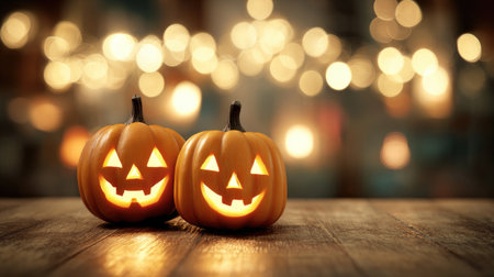 Blurred jack-o'-lantern lights in background with bokeh effect for festive Halloween lookの素材