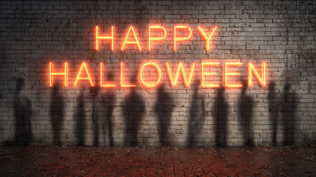 Brick wall with glowing Happy Halloween neon sign and shadowy figures for themed designの素材