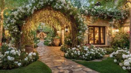 Front yard archway wrapped with vines and string lights leading into a flower-lined garden pathの素材