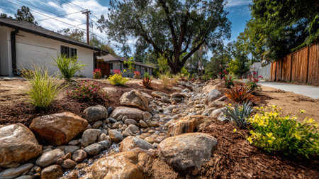 Landscape design showcasing dry creek bed with river rocks and drought-tolerant plantsの素材