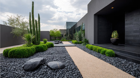 Minimalist front yard with gravel paths, sculptural plants, and clean geometric garden bed shapesの素材