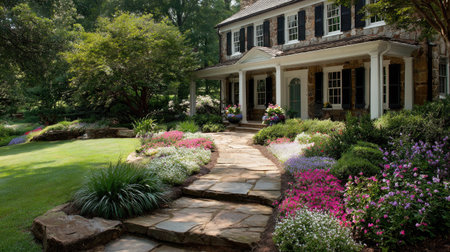 Timeless front yard with grass lawn, centered stone path, and floral garden near the porchの素材