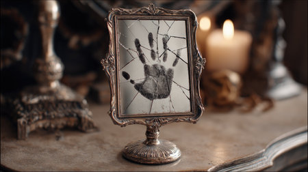 Creepy mirror with ghostly handprint and cracked glass set on a vintage Halloween vanityの素材