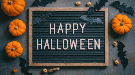 Black letter board with Happy Halloween message surrounded by mini pumpkins and bat cutoutsの素材