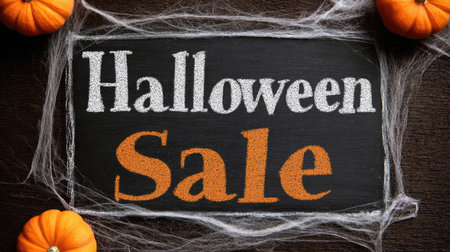 Blackboard with Halloween Sale message, cobweb corners, and orange pumpkin accentsの素材