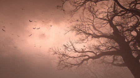 Creepy tree branches silhouetted against a foggy Halloween twilight sky with bats flyingの素材