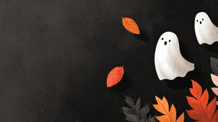 Digital Halloween background with floating ghost illustrations and dark textured wallの素材