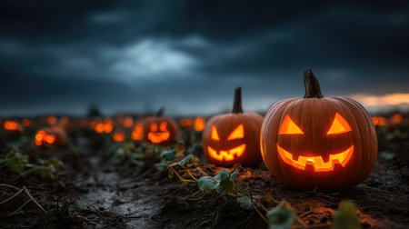 Evil-looking jack-o'-lanterns with twisted grins glowing ominously in a dark fieldの素材