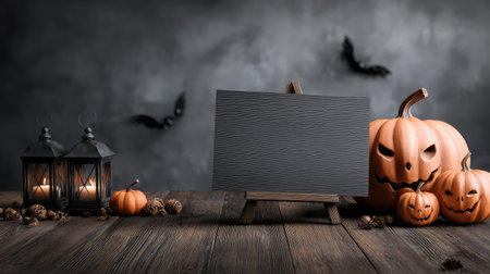 Dark wooden table with Halloween-themed items and a blank product sign for advertising mockupの素材