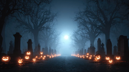 Foggy graveyard at night with glowing jack-o'-lanterns and creepy trees lining the pathの素材