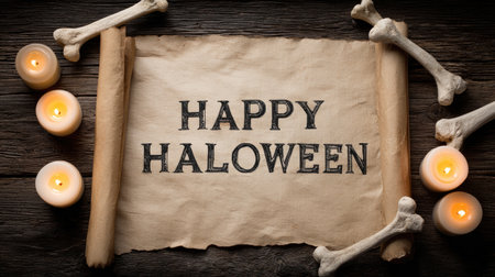 Gothic frame with Happy Halloween printed on parchment surrounded by bones and candlesの素材