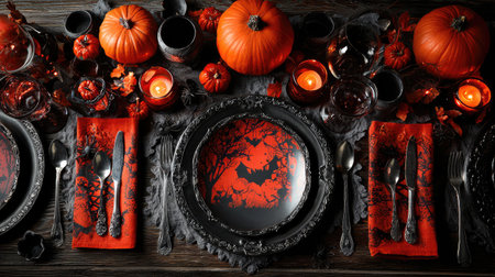 Halloween-themed table setting with price tag cards and product space in the centerの素材