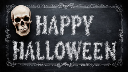 Halloween-themed blackboard with skull border and hand-drawn Happy Halloween in chalkの素材