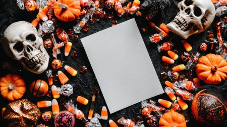 Halloween ad mockup with blank space for text, surrounded by themed props like skulls and candyの素材