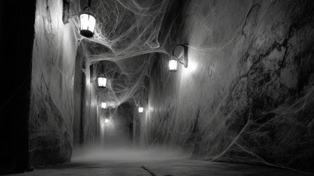 Haunted hallway with flickering lights, cobwebs, and shadows stretching across cracked wallsの素材