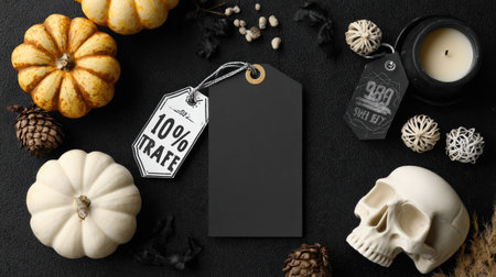 Mockup of Halloween ad with creepy candles, discount tags, and empty board for brandingの素材
