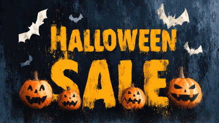 Halloween sale banner with jack-o'-lanterns, bats, and bold discount text on dark grunge backgroundの素材