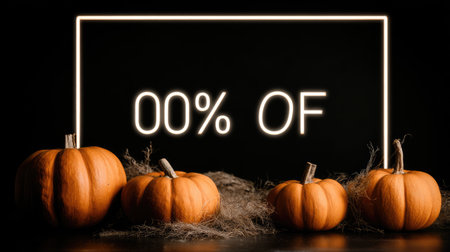 Stylish Halloween layout with pumpkins, neon frame, and copy space for discount infoの素材